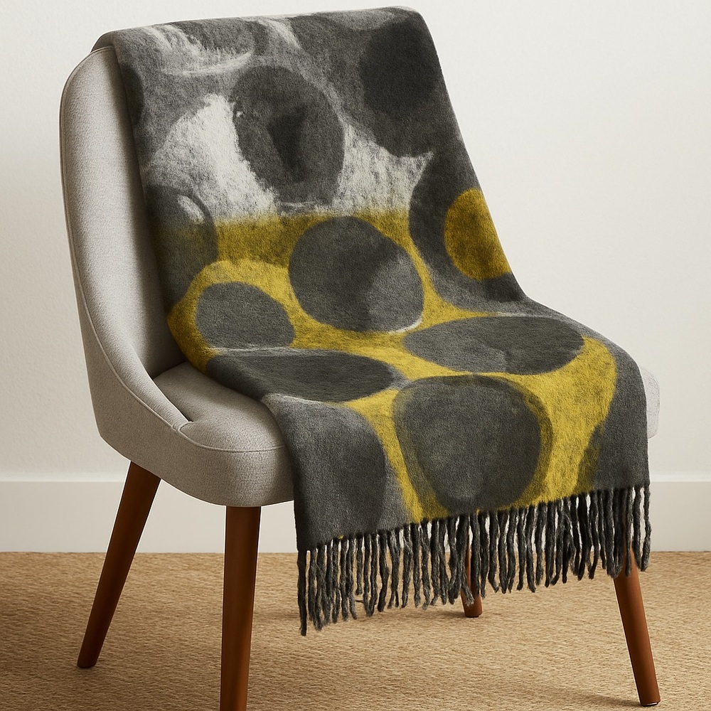 FRAAS Cashmink Throw Blanket Gray Yellow Abstract Fringe 65x62 inch